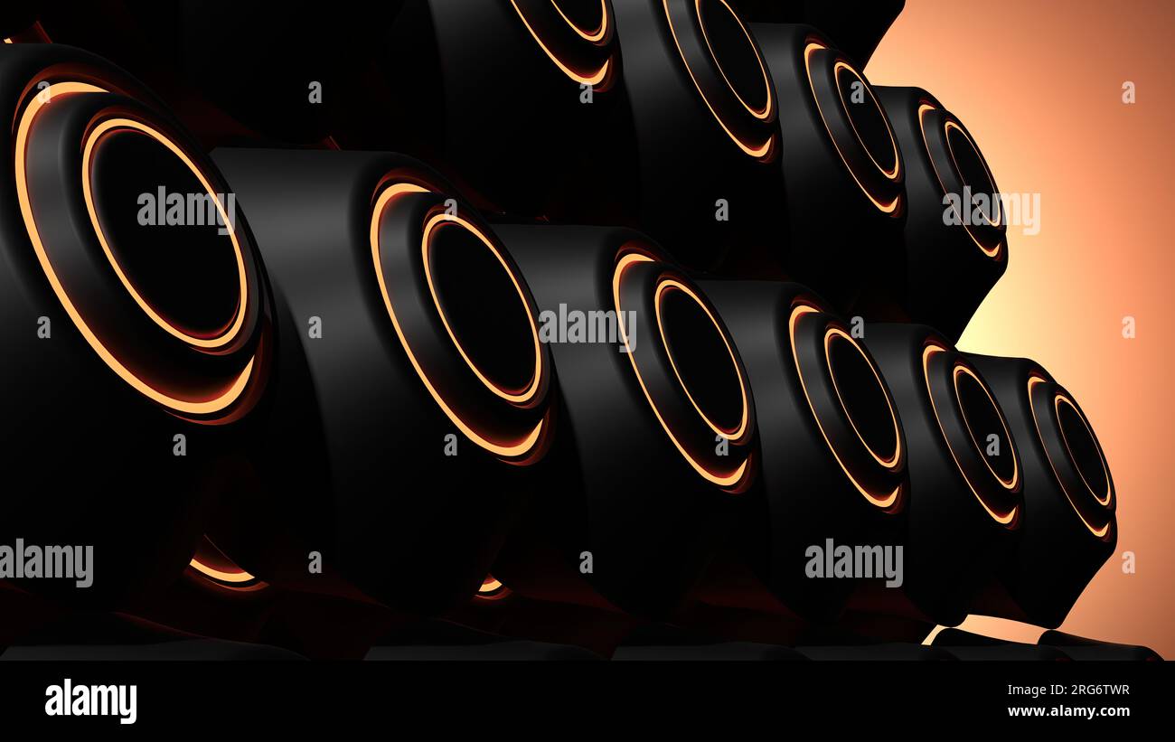 Speaker Rendeing A sci-fi some wifi speakers diagonal with a glowing orange and black ...