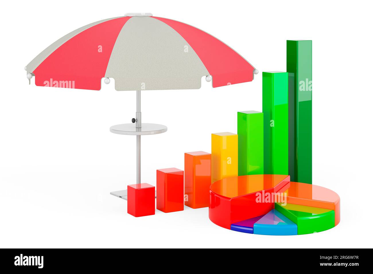 Beach umbrella with growth bar graph and pie chart, 3D rendering