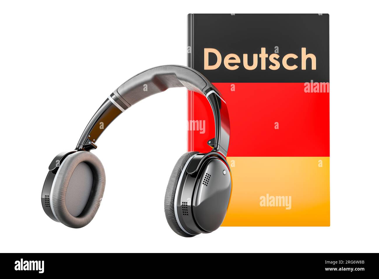 German language textbook with headphones. 3D rendering isolated on
