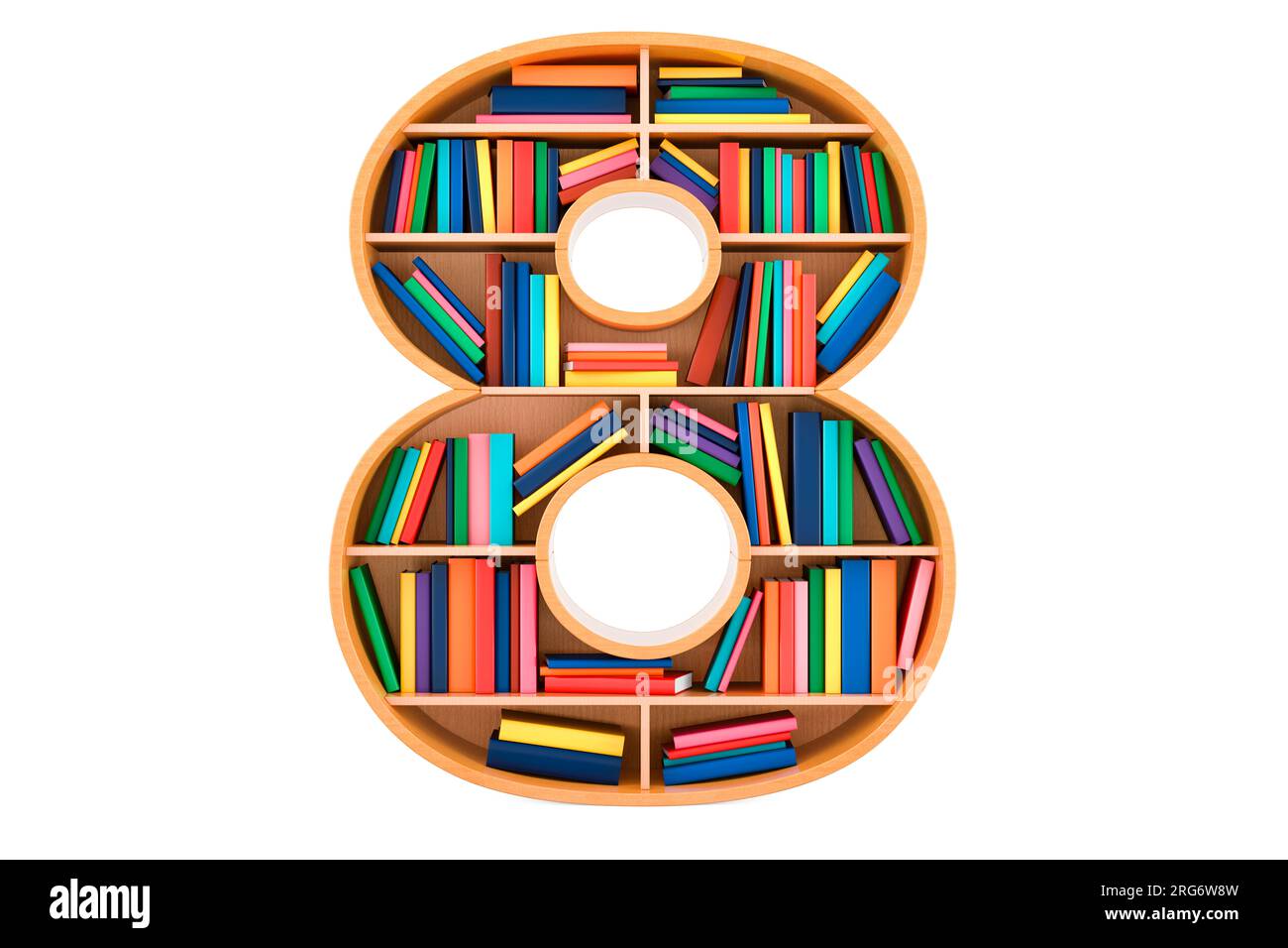 Number 8 in the form of shelves with books, 3D rendering isolated on ...