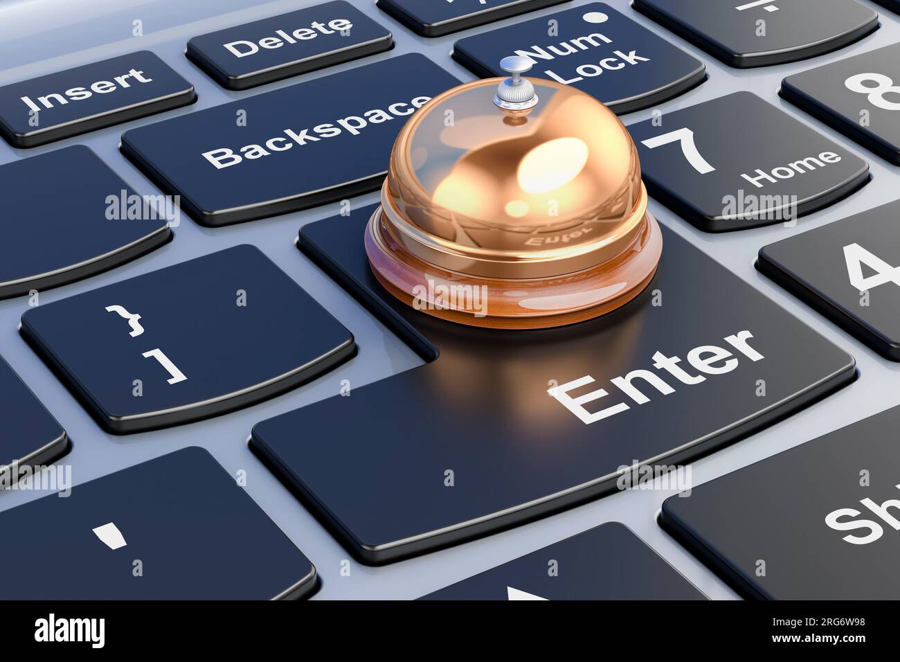 Reception bell on laptop keyboard. 3D rendering Stock Photo - Alamy