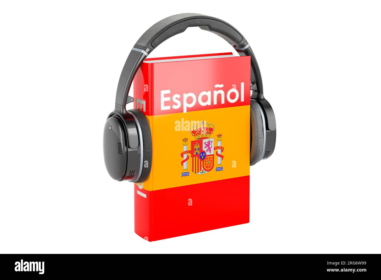 Spanish language textbook with headphones. Learn Spanish language