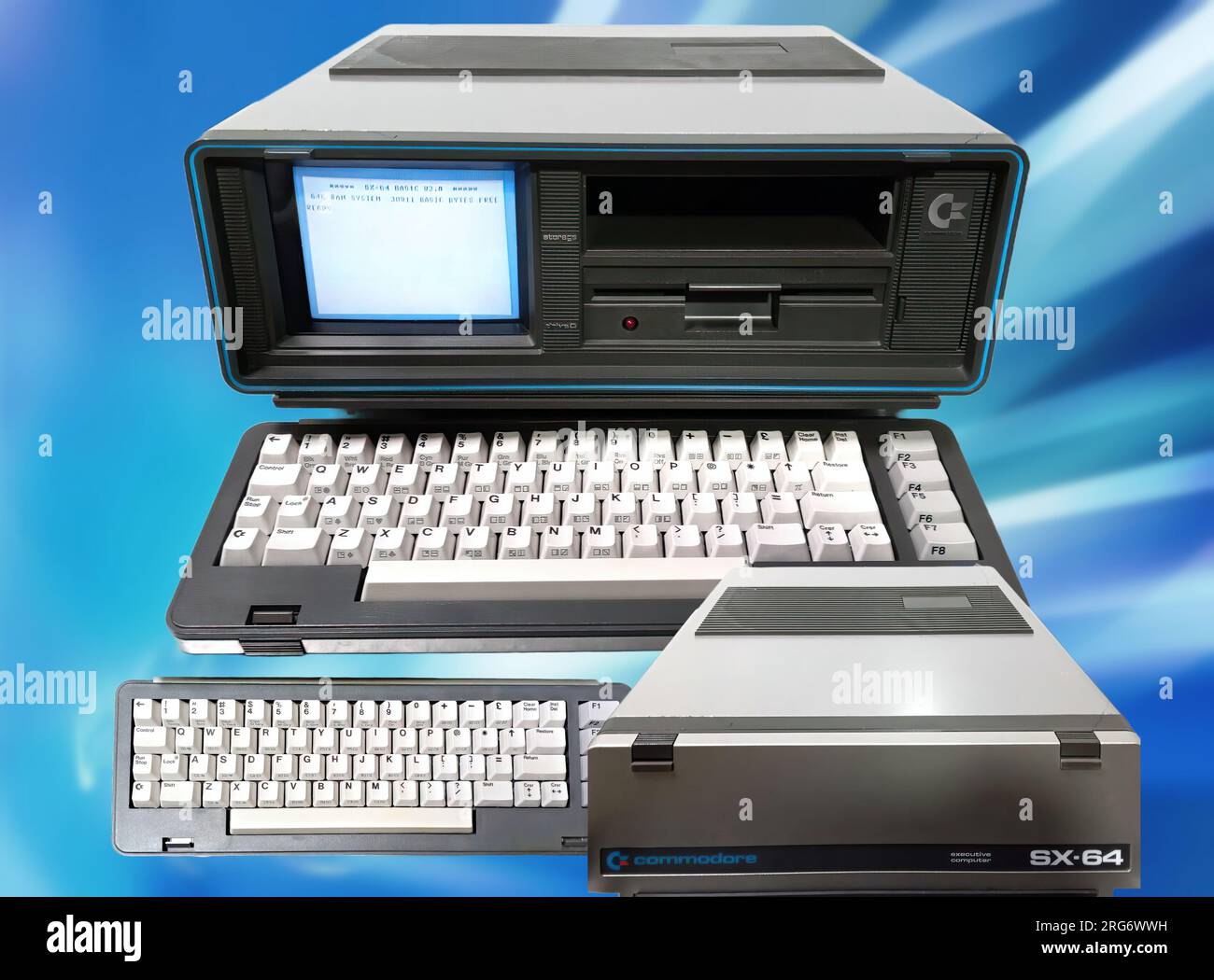 The Commodore SX-64, (VIP-64) is a portable, briefcase-sized, transportable version of the popular Commodore 64 and the first color portable computer Stock Photo