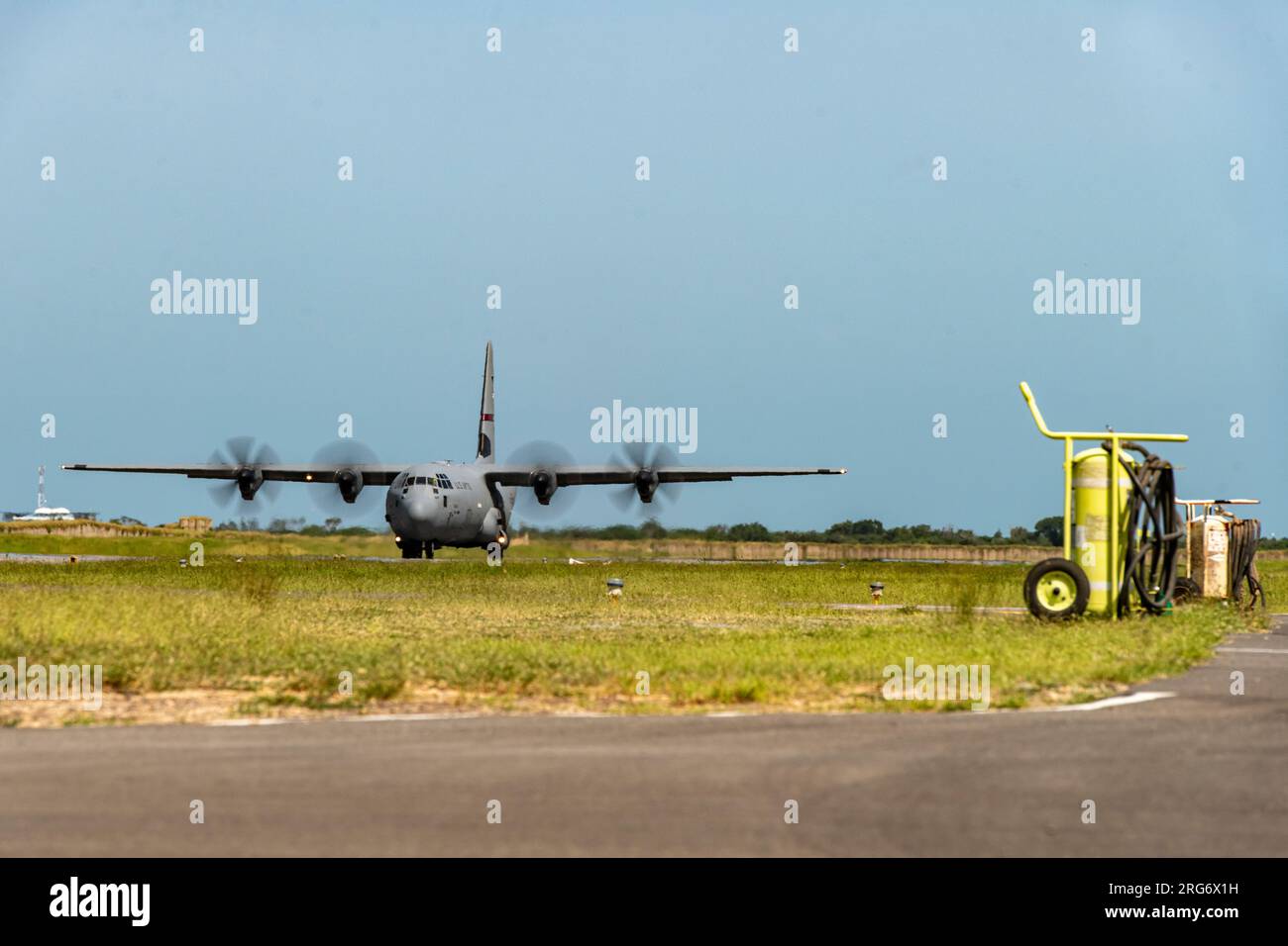 A U.S. Air Force C-130J Super Hercules assigned to the 75th Expeditionary Airlift Squadron, taxis at Magogoni Airfield, Kenya, Aug. 2, 2023. The 75th Expeditionary Airlift Squadron provides tactical airlift support to multiple users across East Africa and the Combined Joint Task Force - Horn of Africa area of responsibility. (U.S. Air Force photo by Tech. Sgt. Dhruv Gopinath) Stock Photo