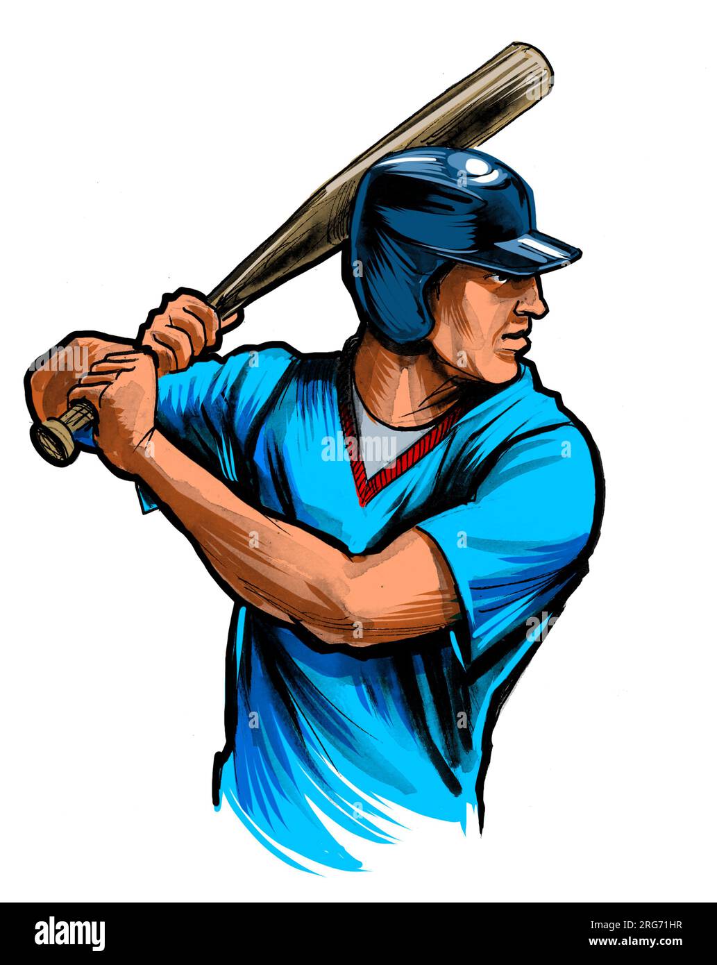 Baseball player. Man eating hot dog. Hand-drawn ink on paper and hand colored on tablet Stock Photo