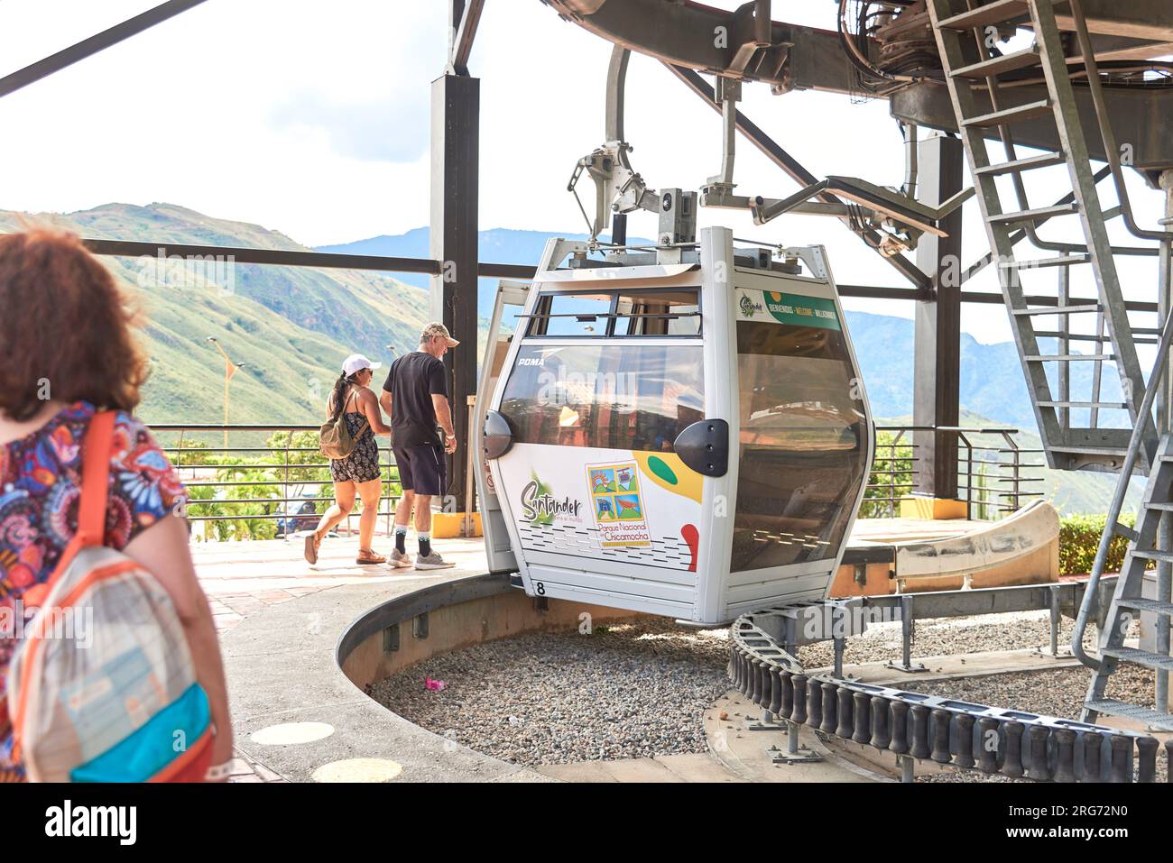 Aratoca, Santander, Colombia, Nov 23, 2022: People boarding a cable car at the Chicamocha National Park, Panachi, a popular destination for tourists i Stock Photo