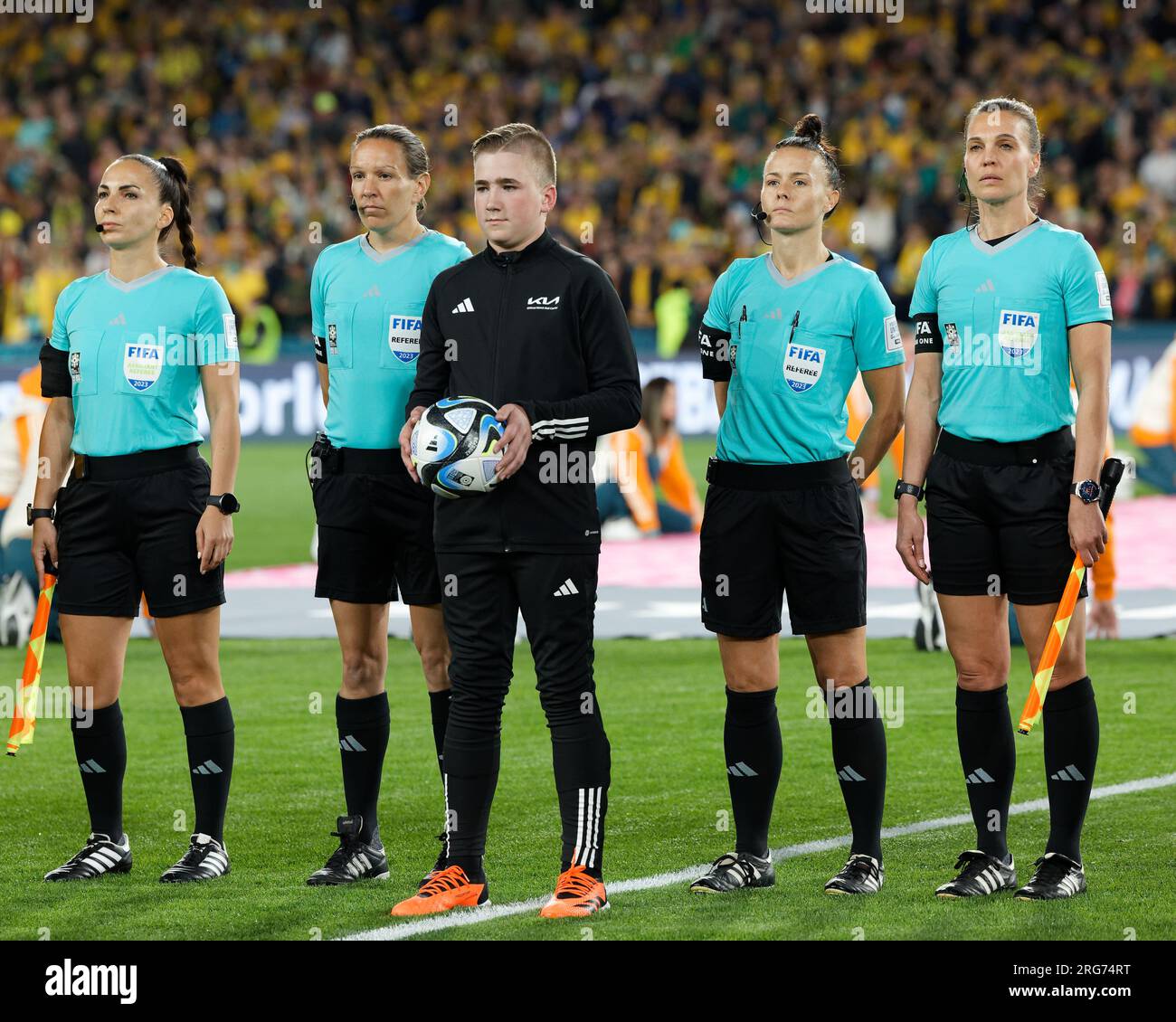 Sydney, Australia. 07th Aug, 2023. Match referees line up for the national anthem before the