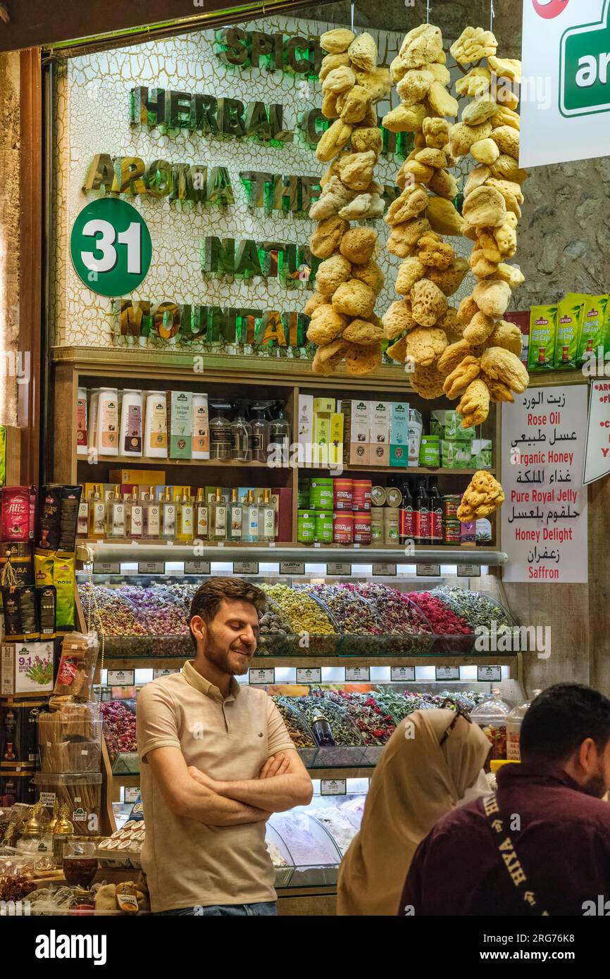 Istanbul, Turkey, Türkiye Inside the Spice Market, Shop Selling Sweets and Herbal Supplements. Stock Photo