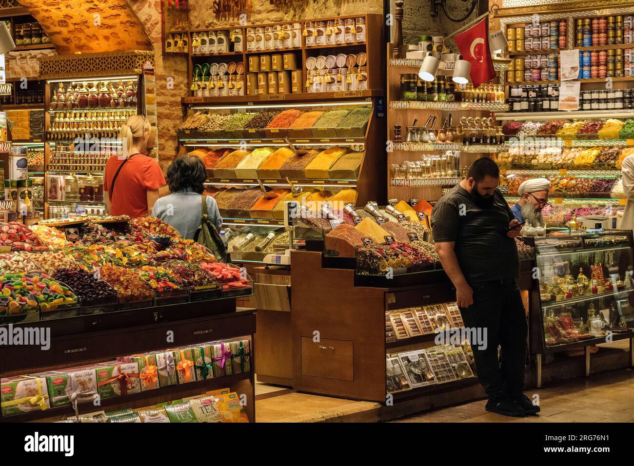 Istanbul, Turkey, Türkiye Inside the Spice Market, Shop Selling Sweets, Spices, and Candy. Stock Photo