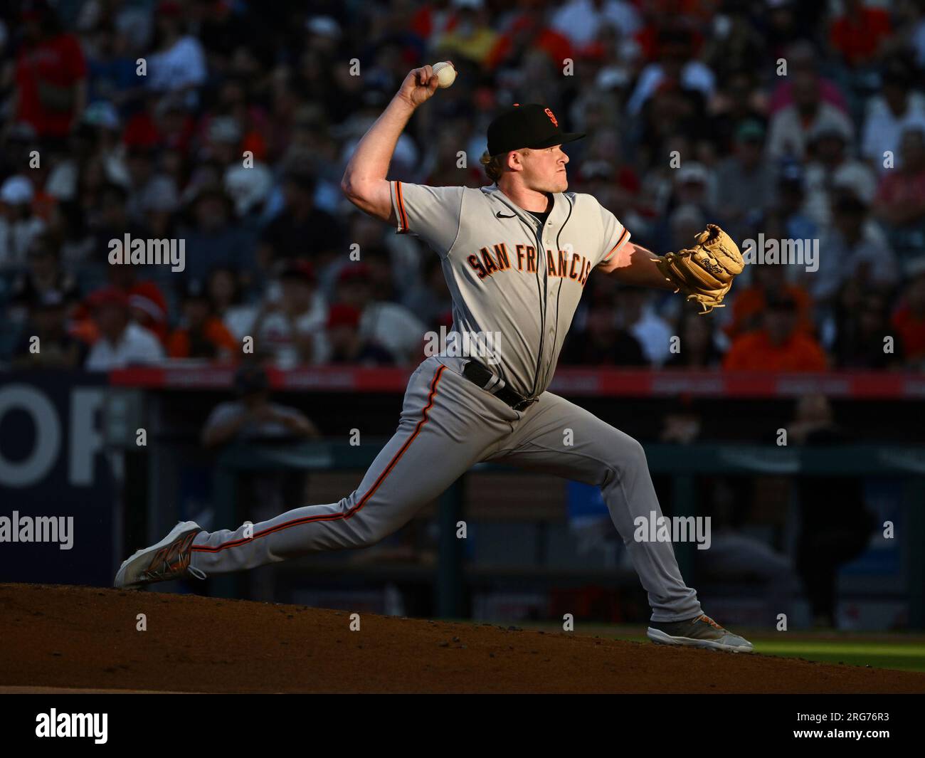 ANAHEIM, CA - AUGUST 07: San Francisco Giants pitcher Logan Webb (62)  pitching during an MLB baseball game against the Los Angeles Angels played  on August 7, 2023 at Angel Stadium in