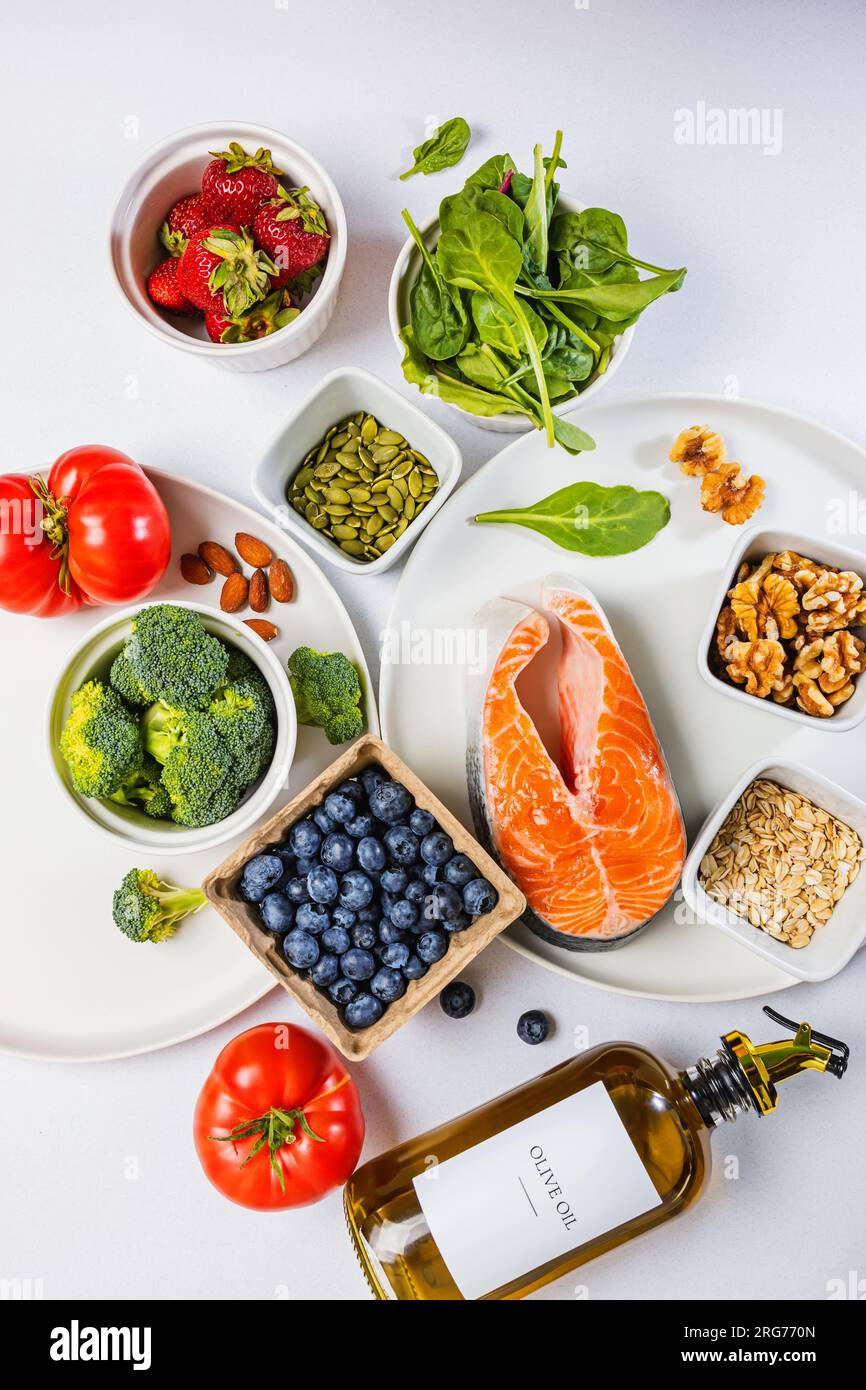 Variety of fresh, whole unprocessed food; healthy nutrition, antiinflammatory diet products