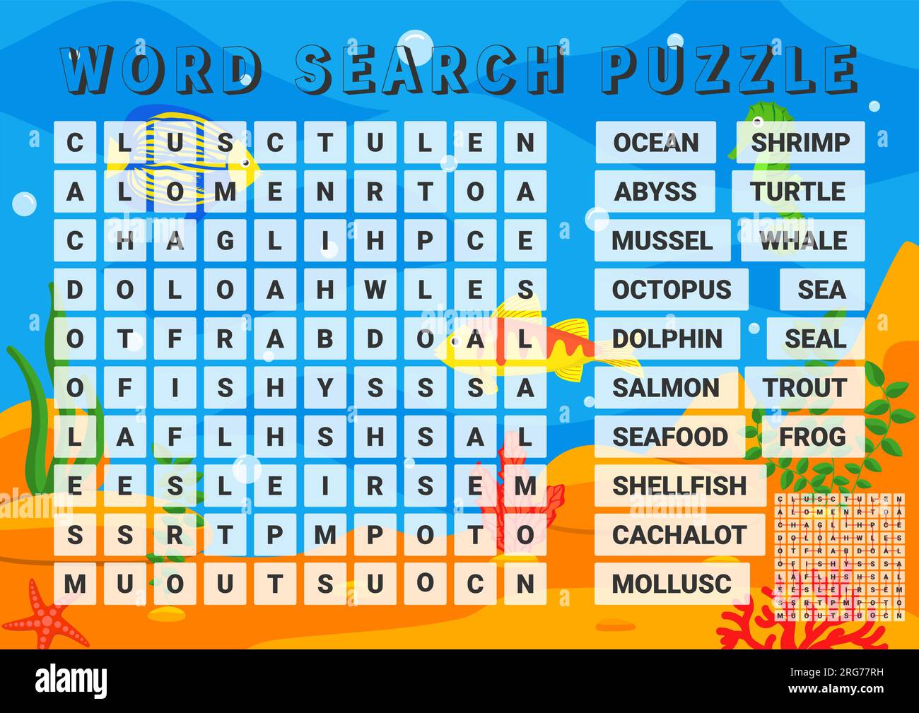 Vector illustration. Word search puzzle. Crossword puzzle on the ocean and the sea. Bright sea background. Stock Vector