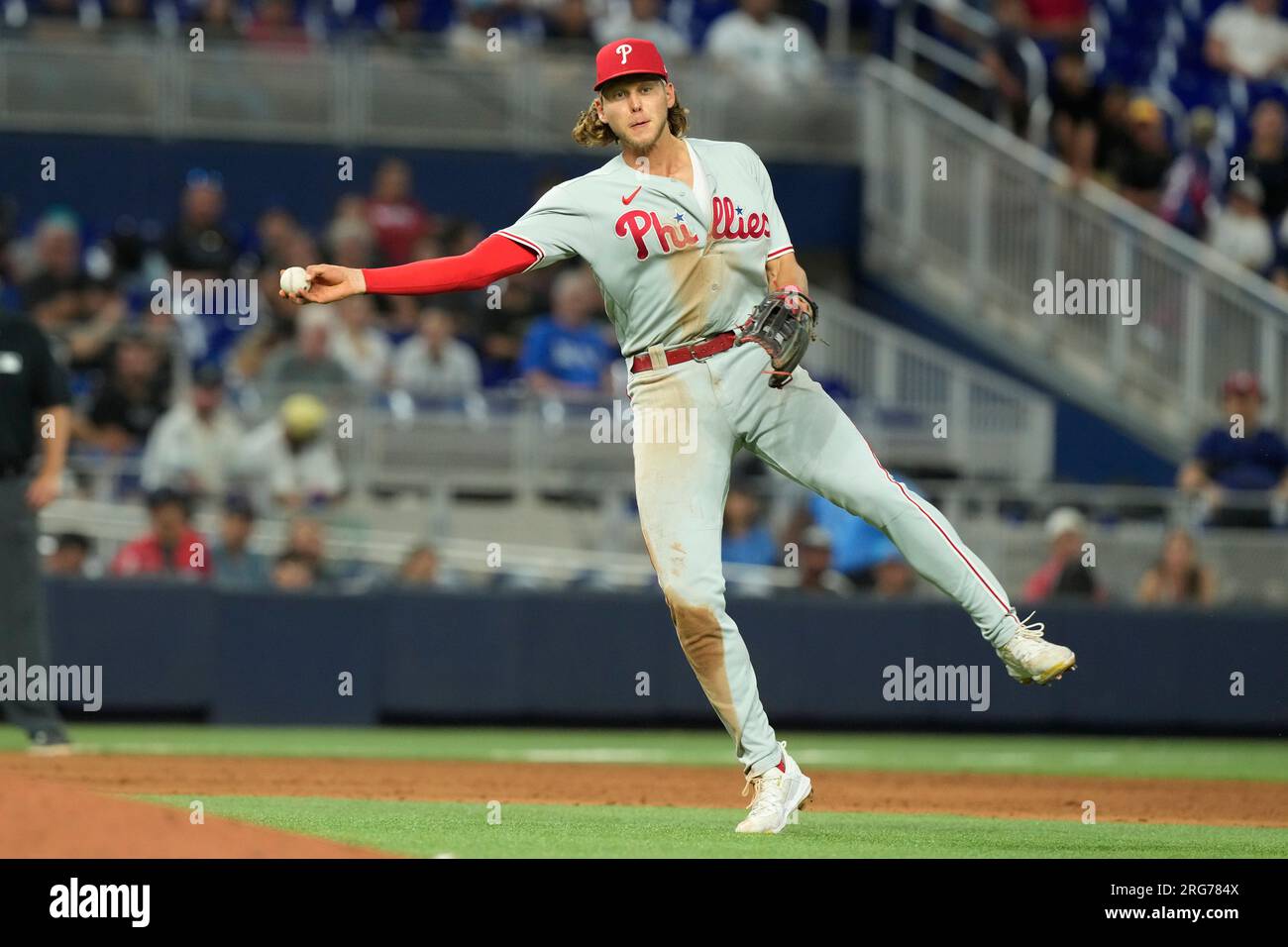 Alec Bohm of the Philadelphia Phillies looks on against the Miami