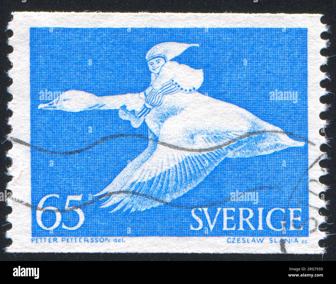 SWEDEN - CIRCA 1971: stamp printed by Sweden, shows Nils Holgersson riding wild goose, circa 1971 Stock Photo