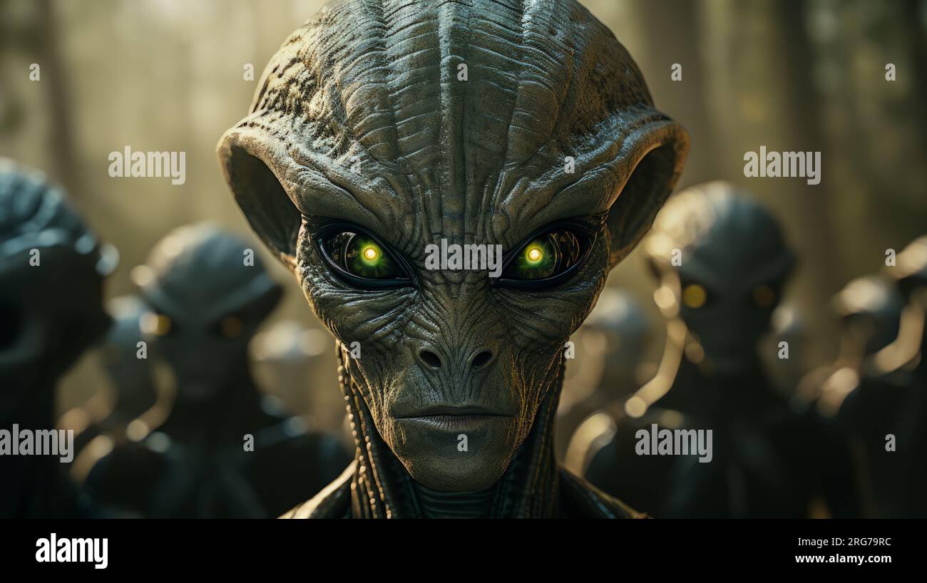 A Closeup Of An Alien Face With Glowing Green Eyes Stock Photo