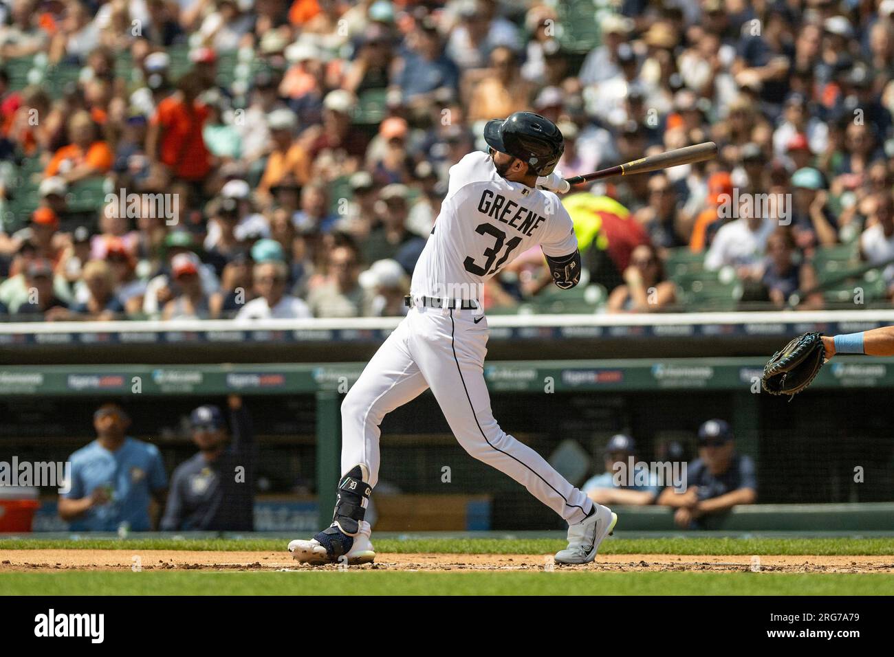 DETROIT, MI - AUGUST 05: Detroit Tigers CF Riley Greene (31) at bat during  game between Tampa Bay Rays and Detroit Tigers on August 5, 2023 at  Comerica Park in Detroit, MI (