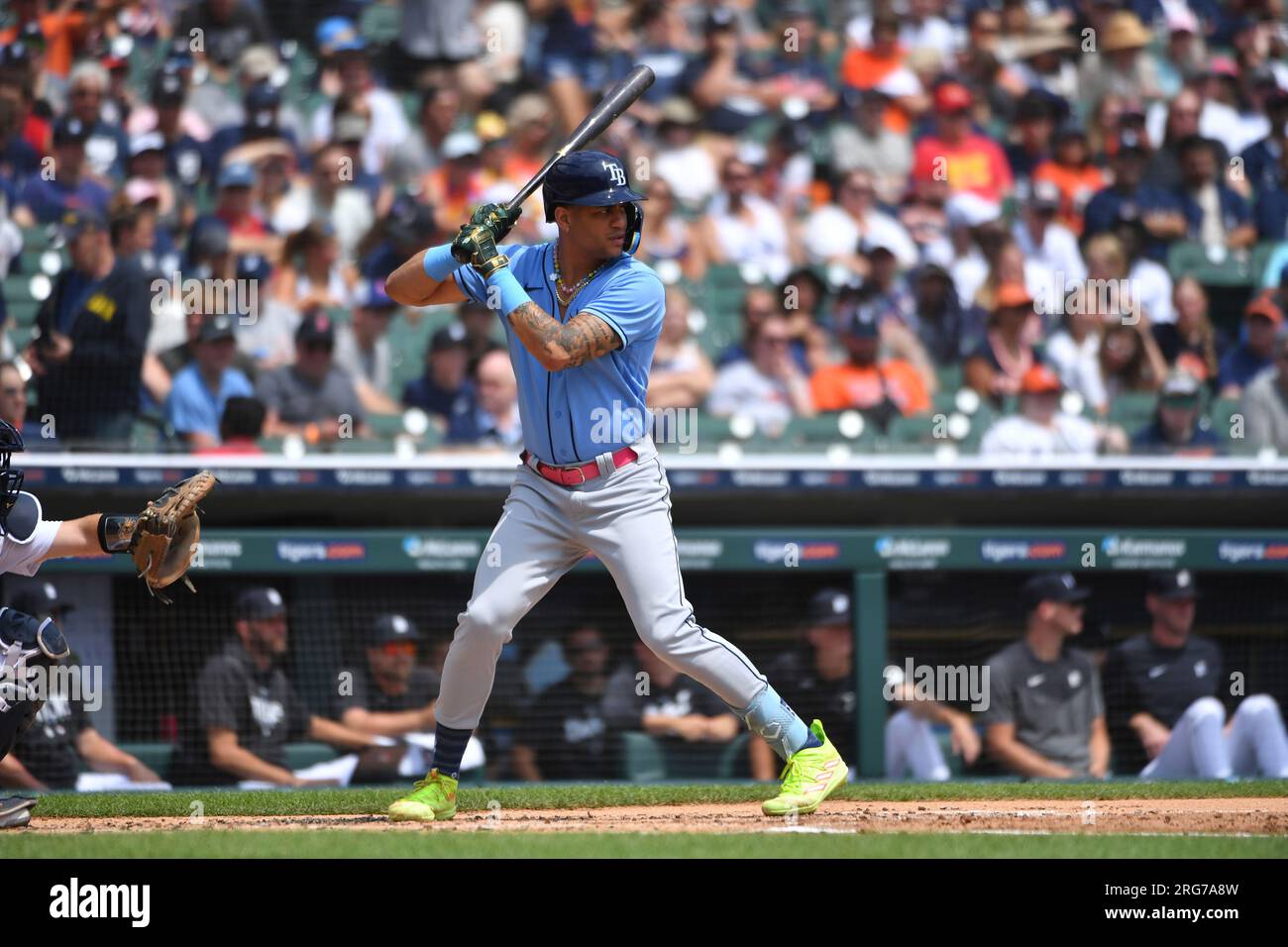 DETROIT, MI - AUGUST 05: Detroit Tigers CF Riley Greene (31) jogs off the  field between innings during game between Tampa Bay Rays and Detroit Tigers  on August 5, 2023 at Comerica