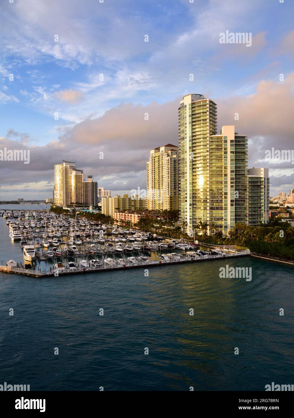 Miami, Florida coast with high rise buildings and boat docks, from ...