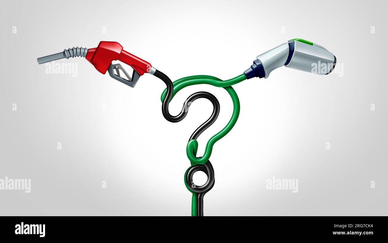 Electric Car VS Gas as fuel choice concept as EV or electric vehicle battery technology and traditional fossil fuel gas pump question representing Stock Photo