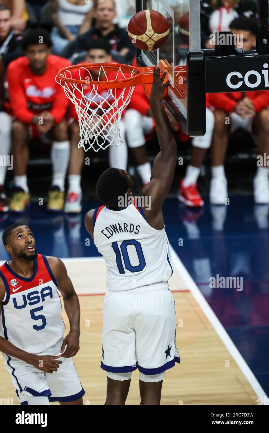 August 7, 2023 USA guard Anthony Edwards (10) scores during the second