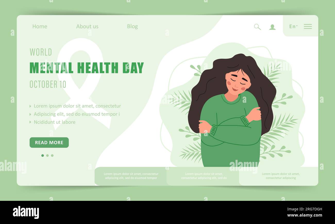 World mental health day. Landing page template. Happy woman hugging herself. Annual international health campaign. Vector illustration in flat cartoon Stock Vector