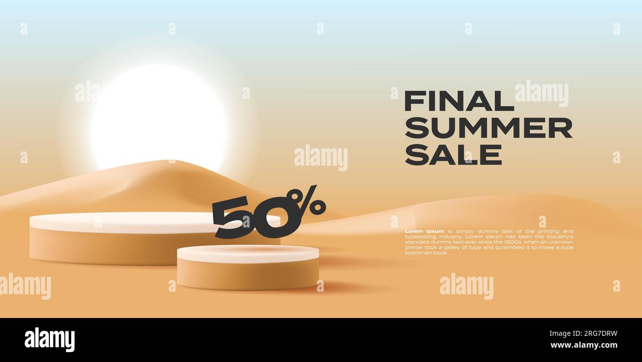 Discount poster with empty pedestal in desert, sand and sun, product