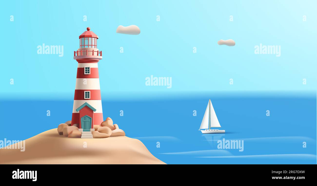 3d render illustration of a lighthouse on an island with rocks and trees around it and sea with boat, landscape illustration Stock Vector