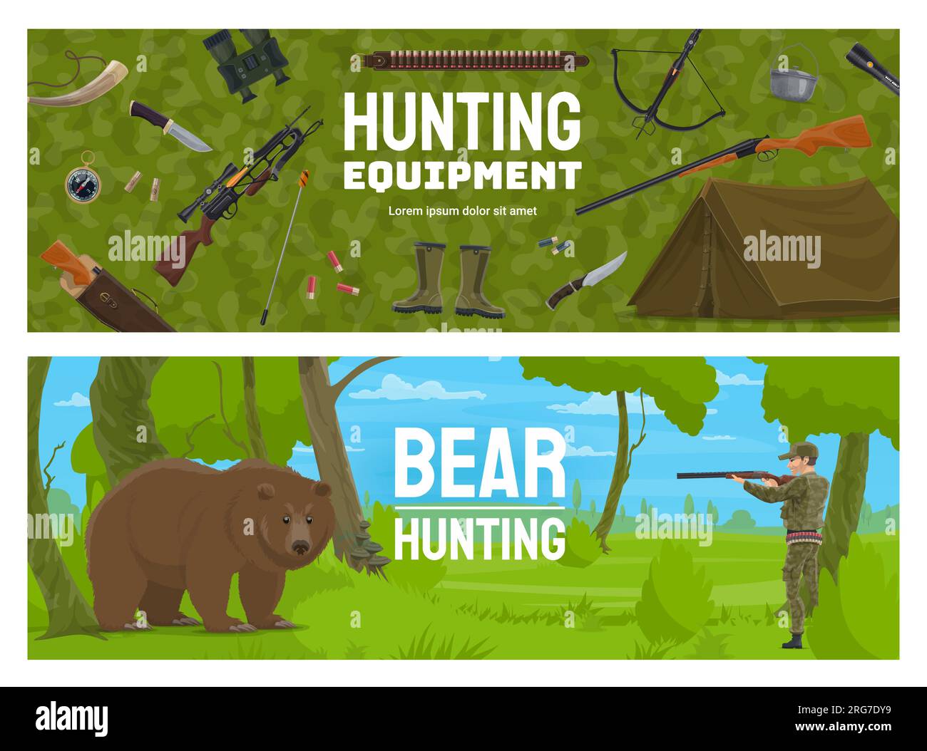 Hunting sport equipment, bear with hunter vector banners. Cartoon