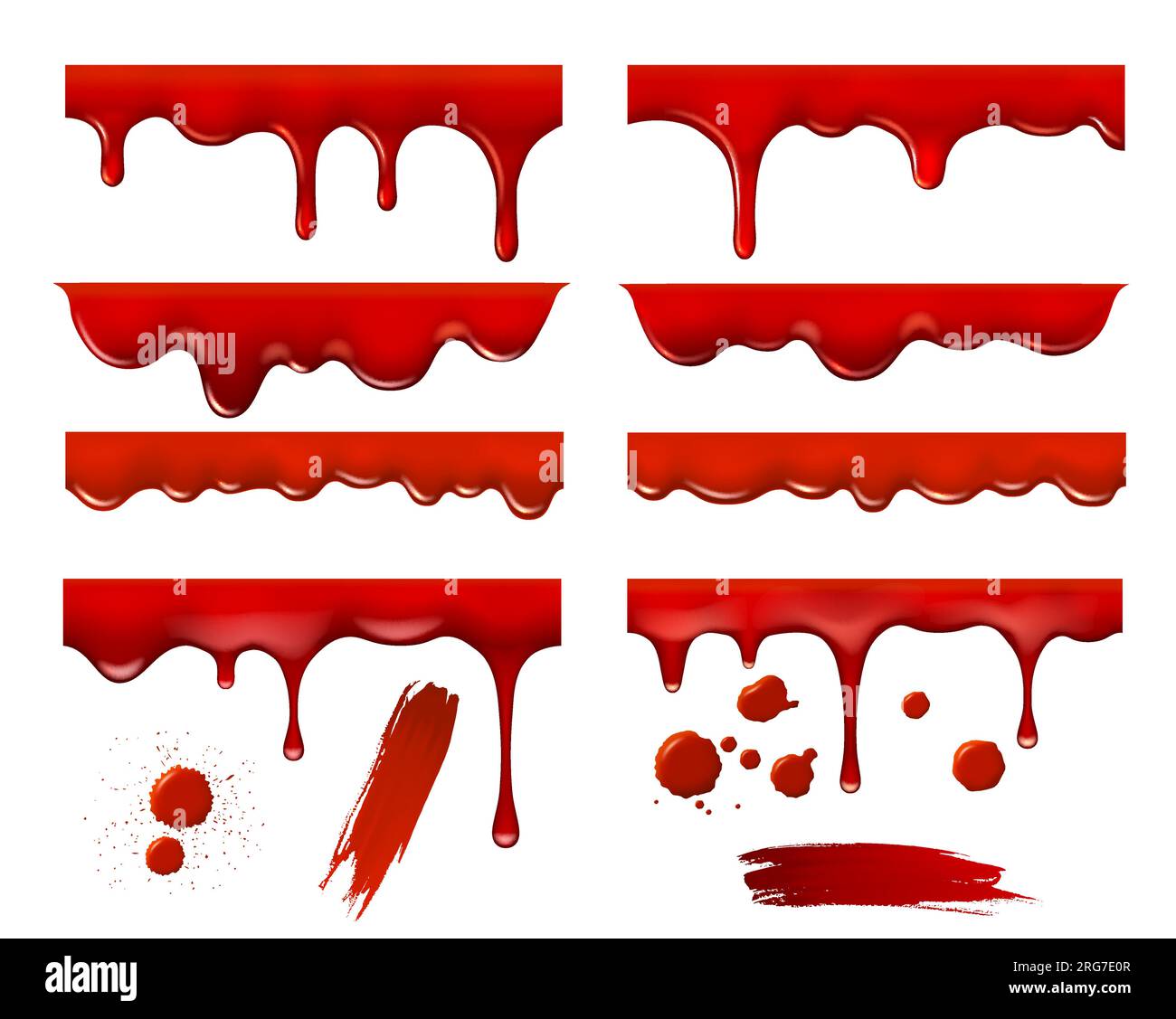 Red syrup drip and melt flow, liquid drops and blots with smears