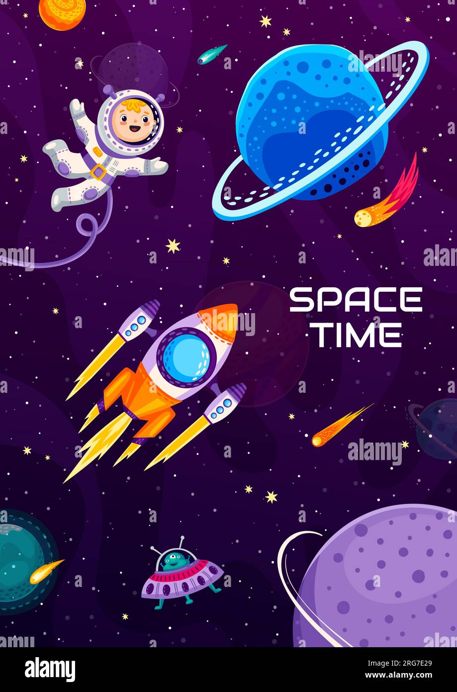 Cartoon space poster, cute kid astronaut and rocket soaring through