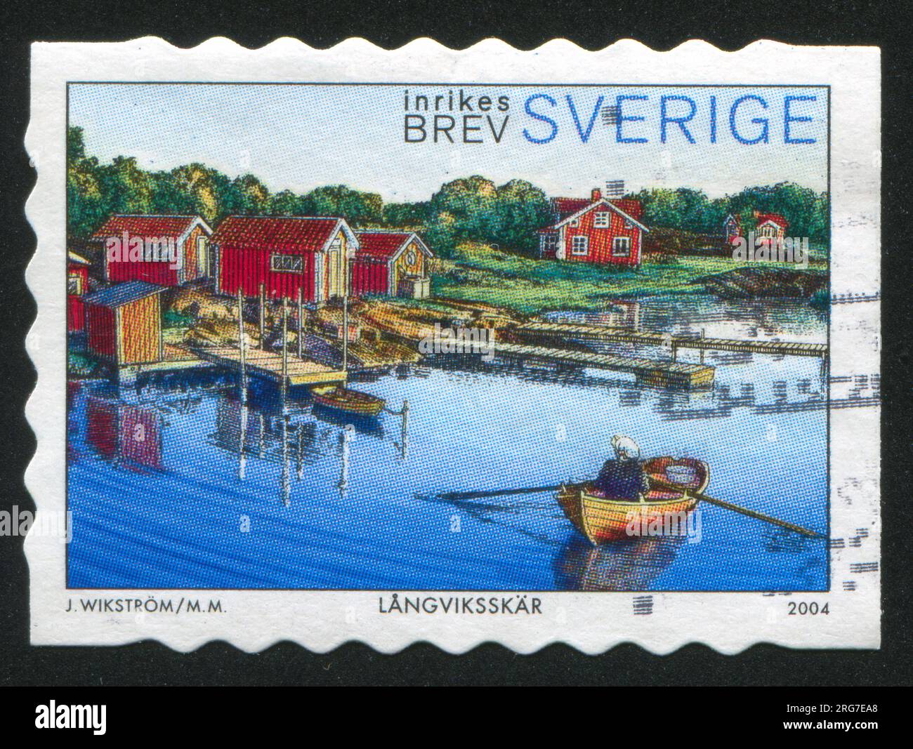 SWEDEN - CIRCA 2004: stamp printed by Sweden, shows Rowboat, houses, Langviksskar, circa 2004 Stock Photo