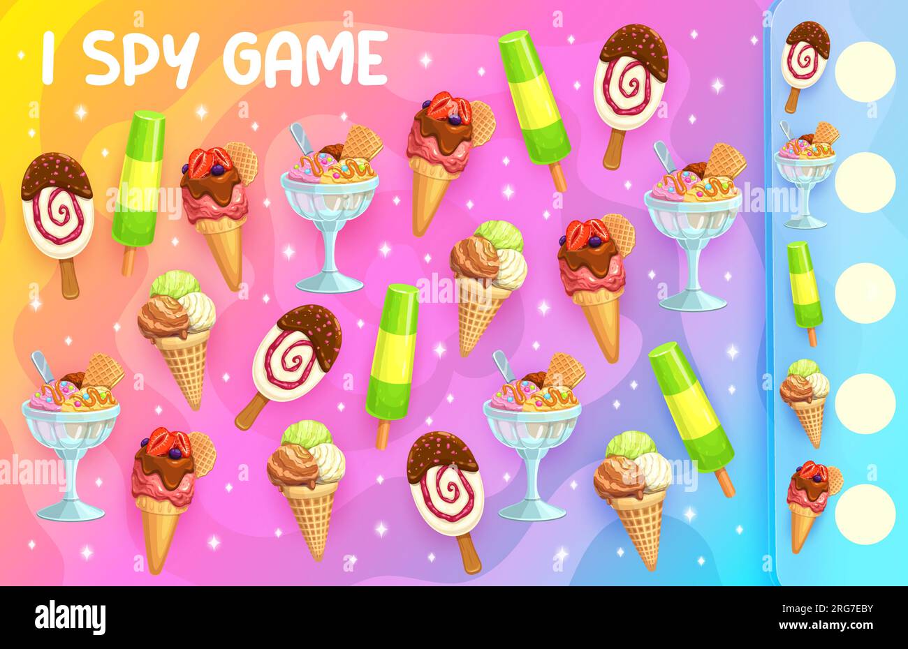 I spy game, count of cartoon ice cream gelato, sundae, chocolate stick