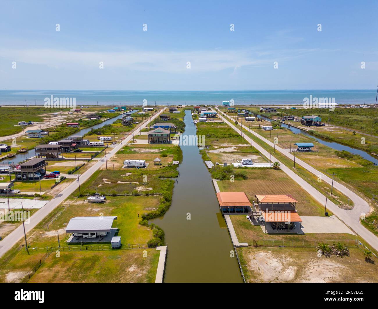 Port Bolivar Texas homes elevated due to frequent storm surges flood