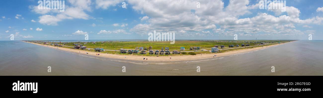 Aerial drone panorama coastal homes on Gulf of Mexico Port Bolivar Stock Photo