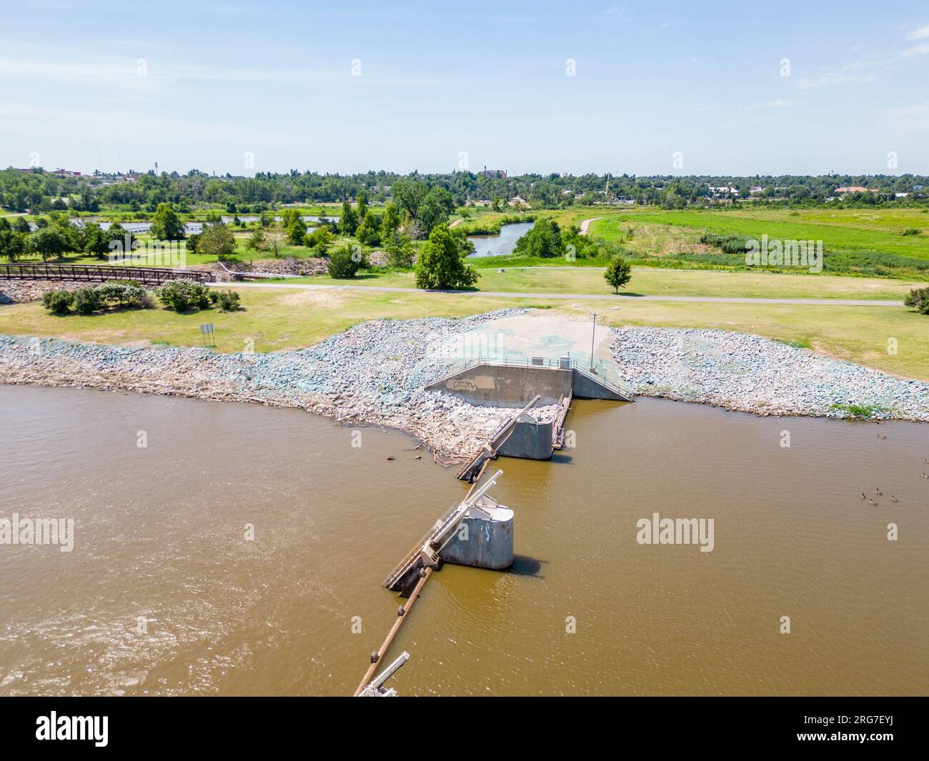 Aerial photo dam on the Oklahoma River Scissortail Park South Stock