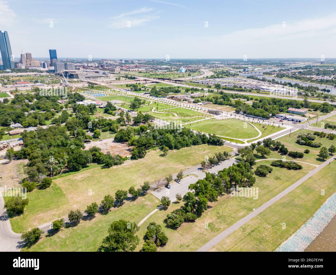 Aerial photo parks landscape Downtown Oklahoma City Summer heat wave 2023 Stock Photo