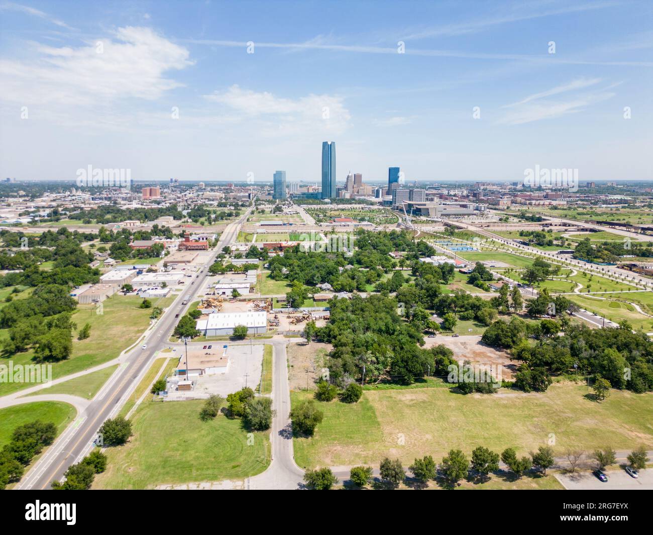 Aerial photo parks landscape Downtown Oklahoma City Summer heat wave 2023 Stock Photo