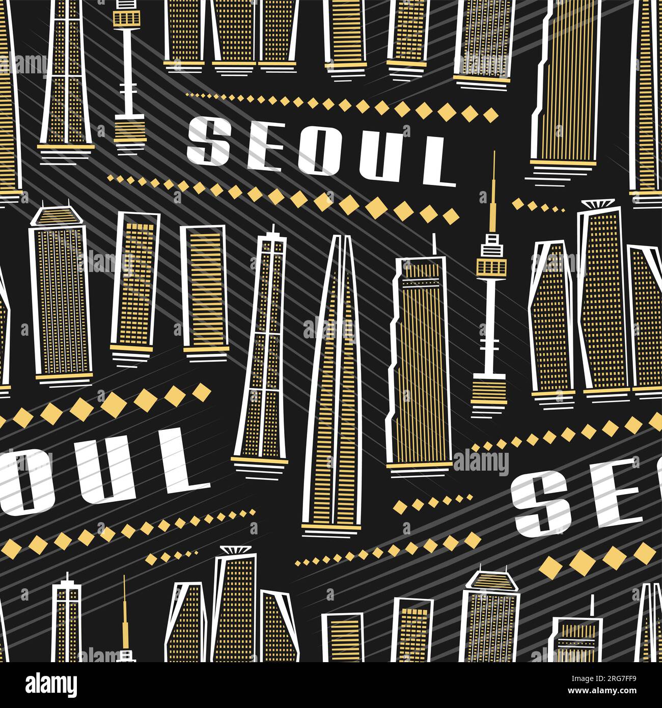 Vector Seoul Seamless Pattern, square repeating background with illustration of famous asian seoul city scape on dark background for wrapping paper, d Stock Vector