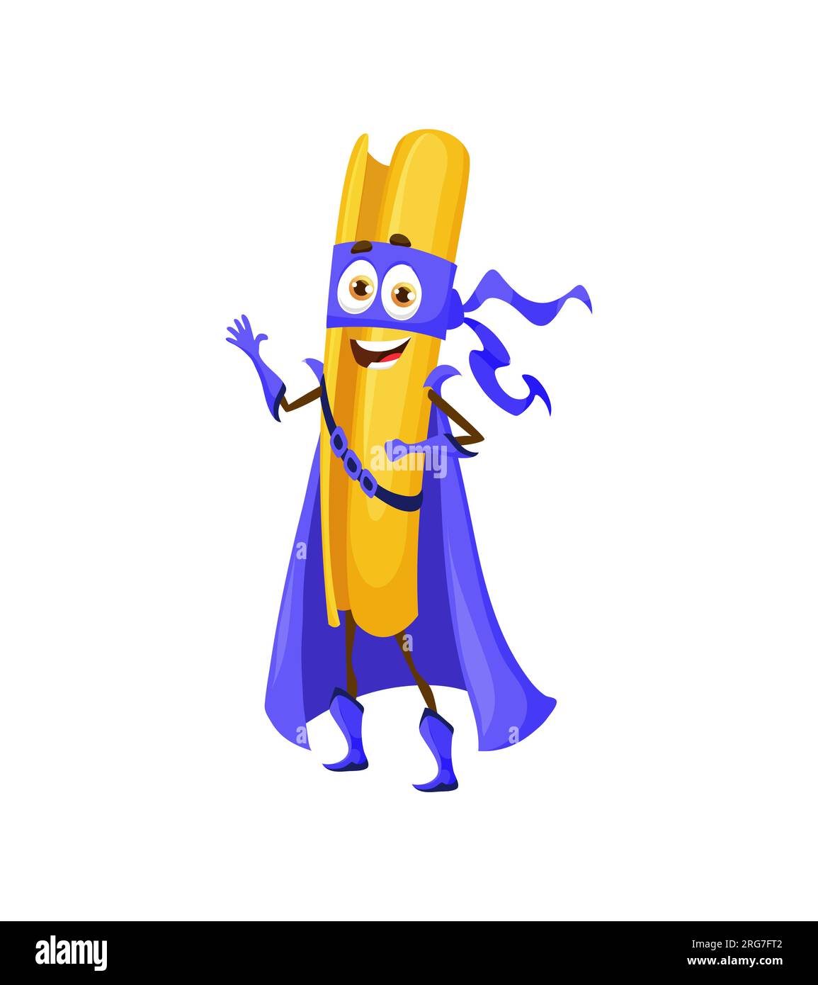 Cartoon casarecce italian pasta food superhero character. Isolated vector food personage of Italy cuisine. Noodly defender with cute funny face and happy smile waving hand. Cheerful macaroni emoticon Stock Vector