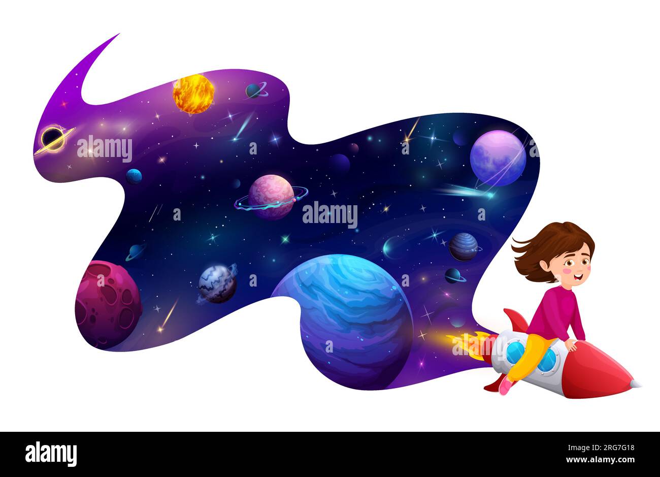 Cartoon kid girl flying on rocket. Space landscape background. Happy vector child soaring through galaxy astride a rocketship, exploring wonders of the Universe with excitement and curiosity Stock Vector