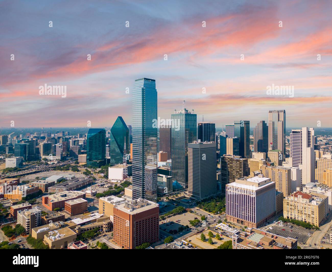 Aerial photo Downtown Dallas Texas on a blue sky circa 2023 summer heat wave Stock Photo