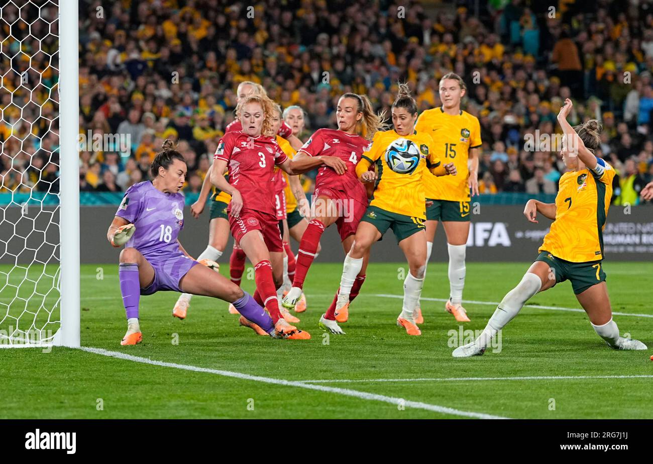 August 07 2023: Mackenzie Arnold (Australia) and Stine Ballisager (Denmark) battle for the ball during a game, at, . Kim Price/CSM Stock Photo