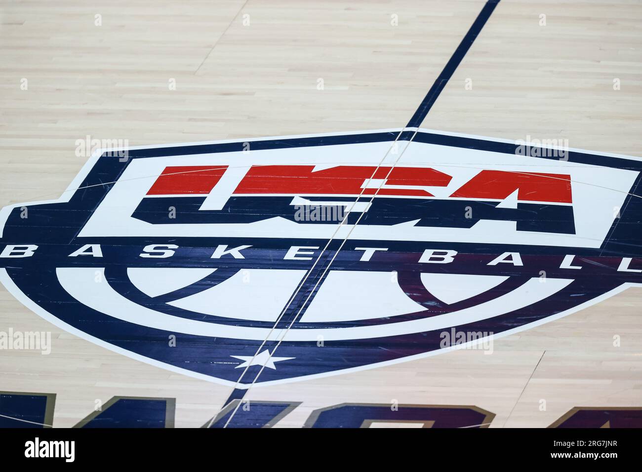 August 7, 2023 A photo of the USA Basketball court logo on display