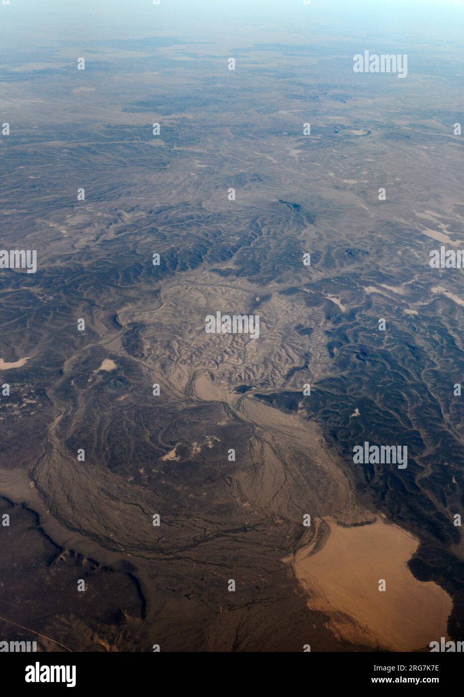 Aerial landscape of the Arabian desert in the Turaif region in Saudi Arabia. Stock Photo