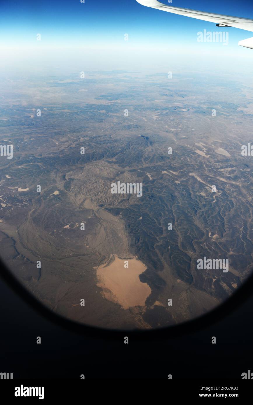 Aerial landscape of the Arabian desert in the Turaif region in Saudi Arabia. Stock Photo