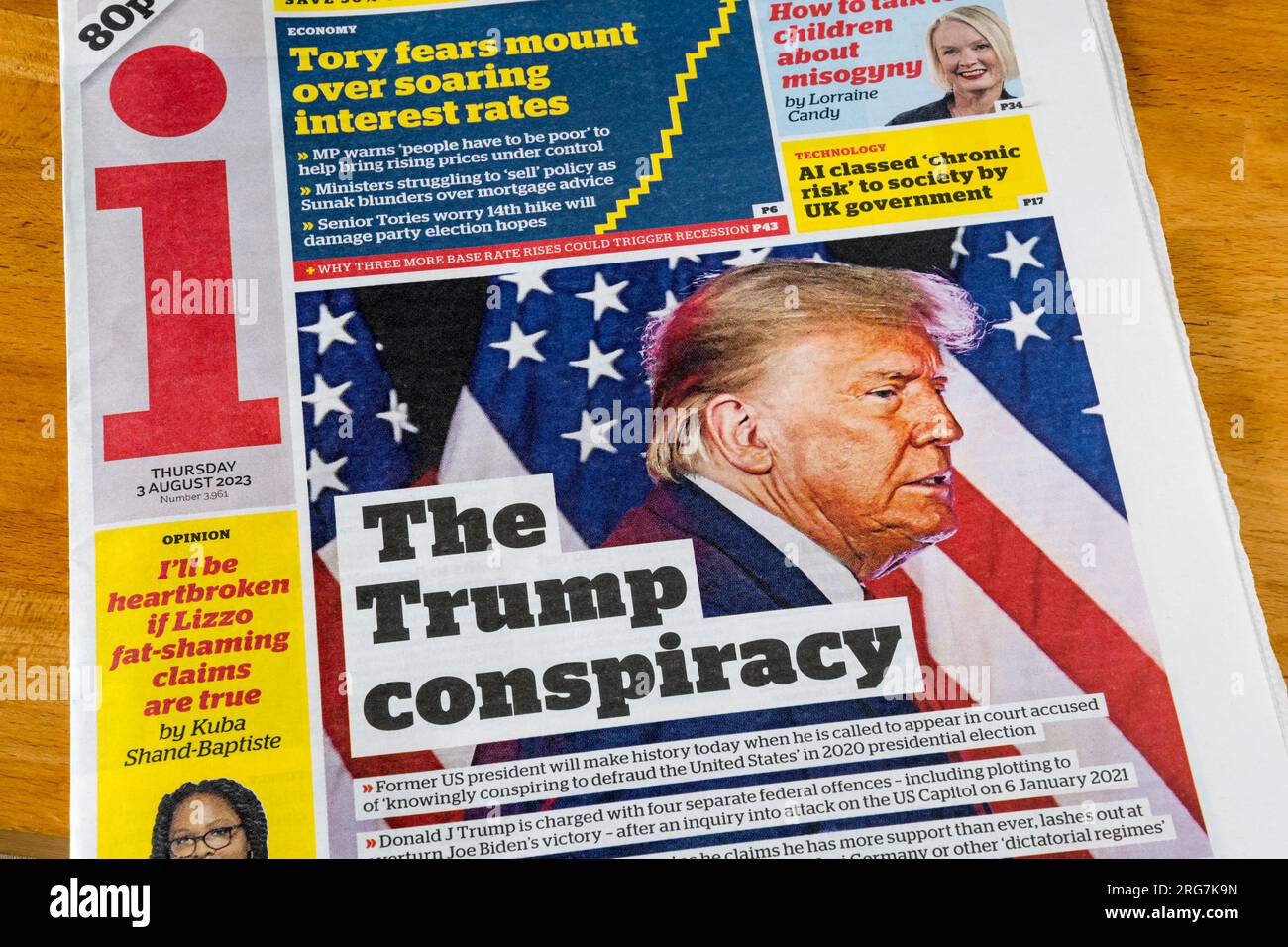 3 August 2023. Front page of the i newspaper has headline The Trunp conspiracy.  After third indictment. Stock Photo
