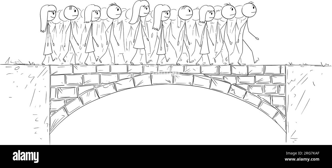 Group or Crowd of People Walking Over Bridge, vector cartoon stick figure or character illustration Stock Vector