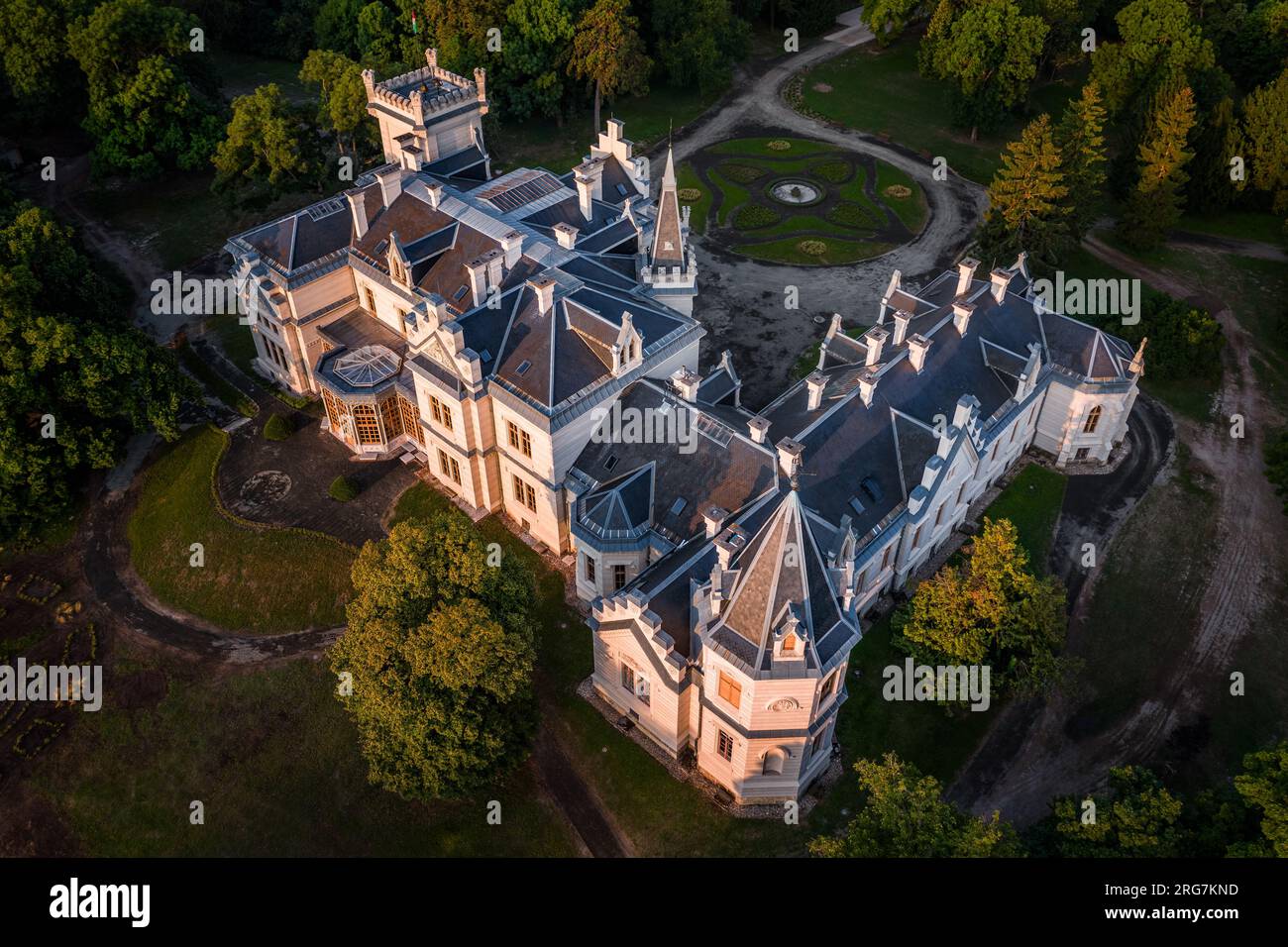 Nadasdladany, Hungary - Aerial view of the beautiful Nadasdy Mansion (Nadasdy-kastely) at the small village of Nadasdladany in warm sunlight on a summ Stock Photo