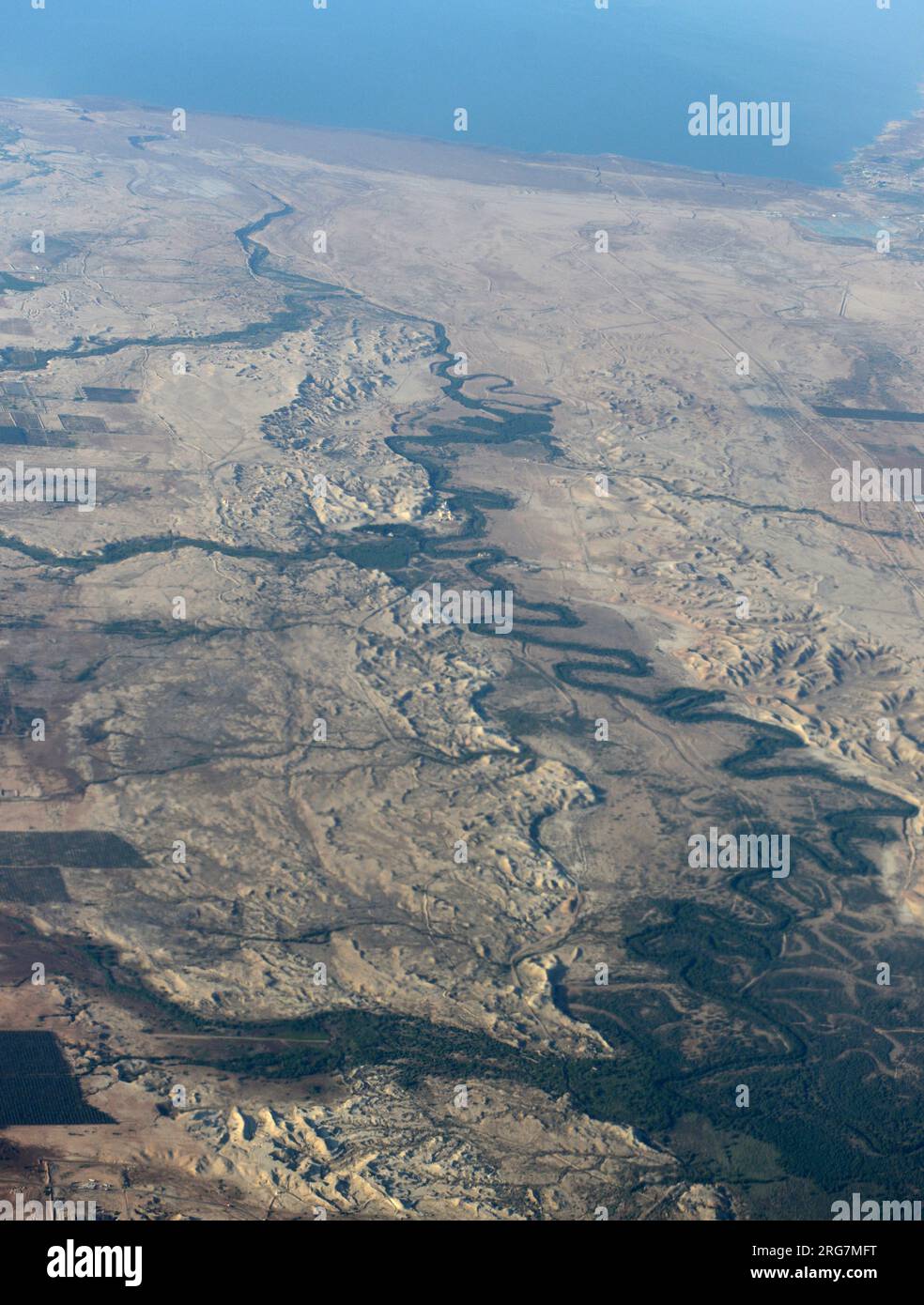 An aerial view of the Jordan river and the Dead Sea in Jordan and