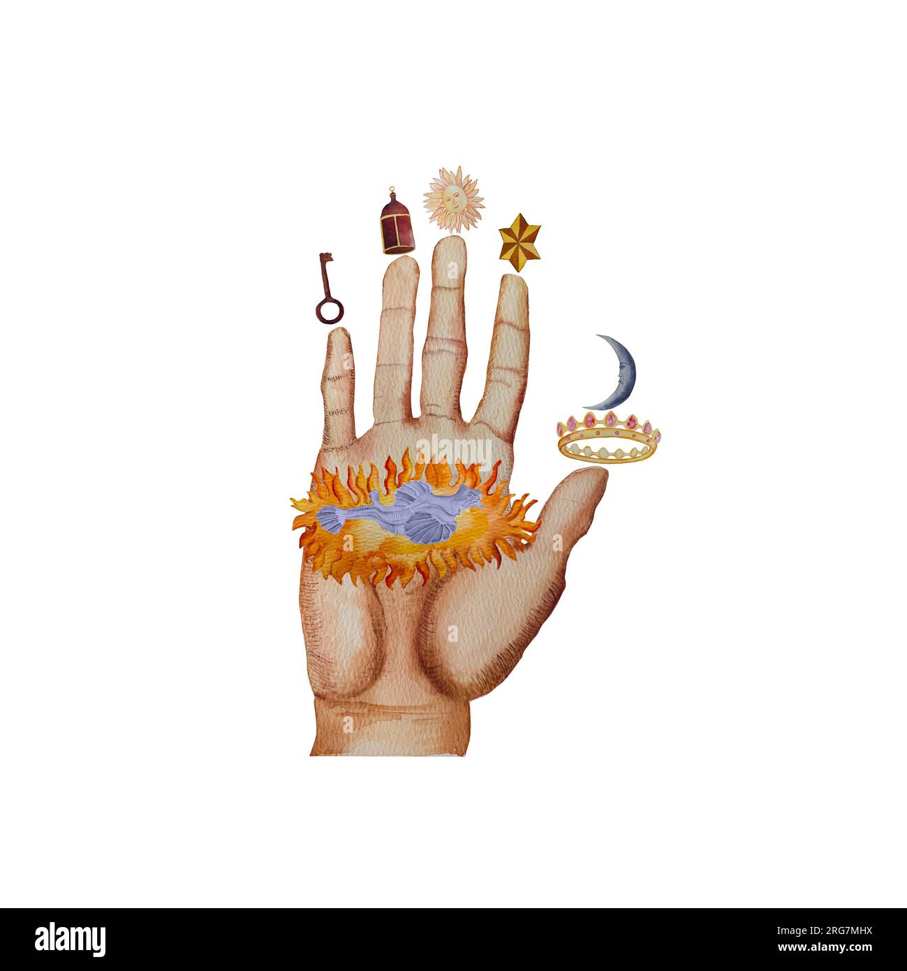 Philosophical hand, symbol of alchemy painted in watercolor Stock Photo